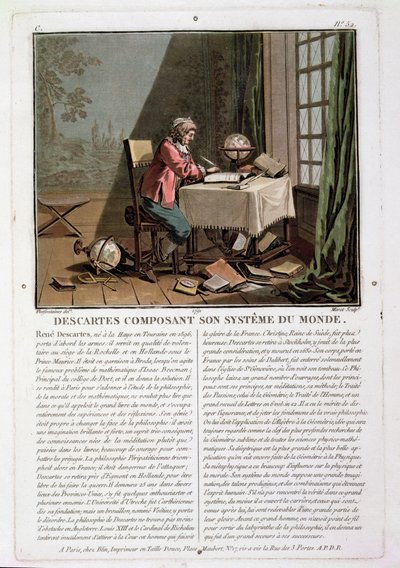 René Descartes (1596-1650) che scrive il suo sistema del mondo, inciso da Jean Baptiste Moret (fl.1790-1820), 1791 da Desfontaines